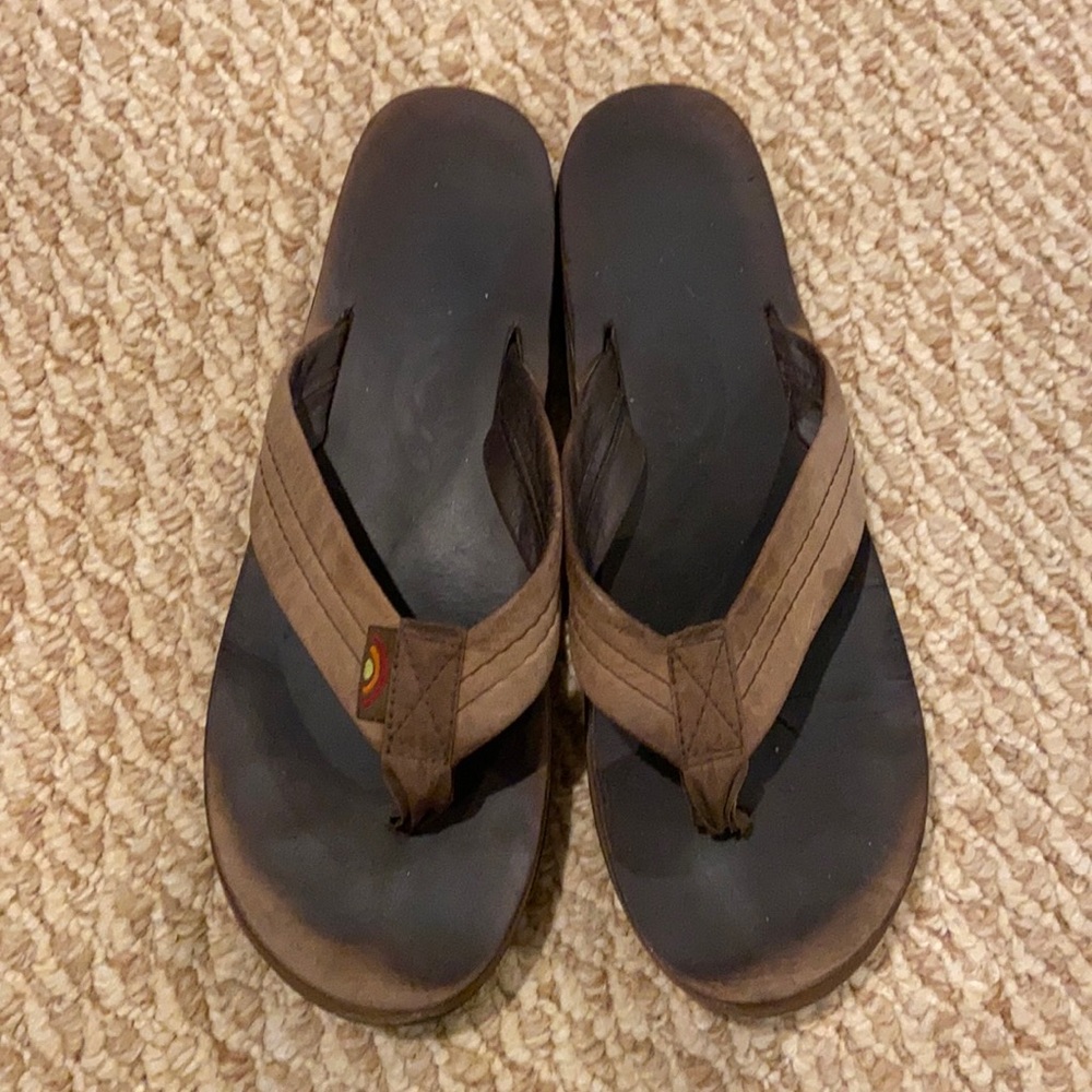 Brown leather rainbow flip flops